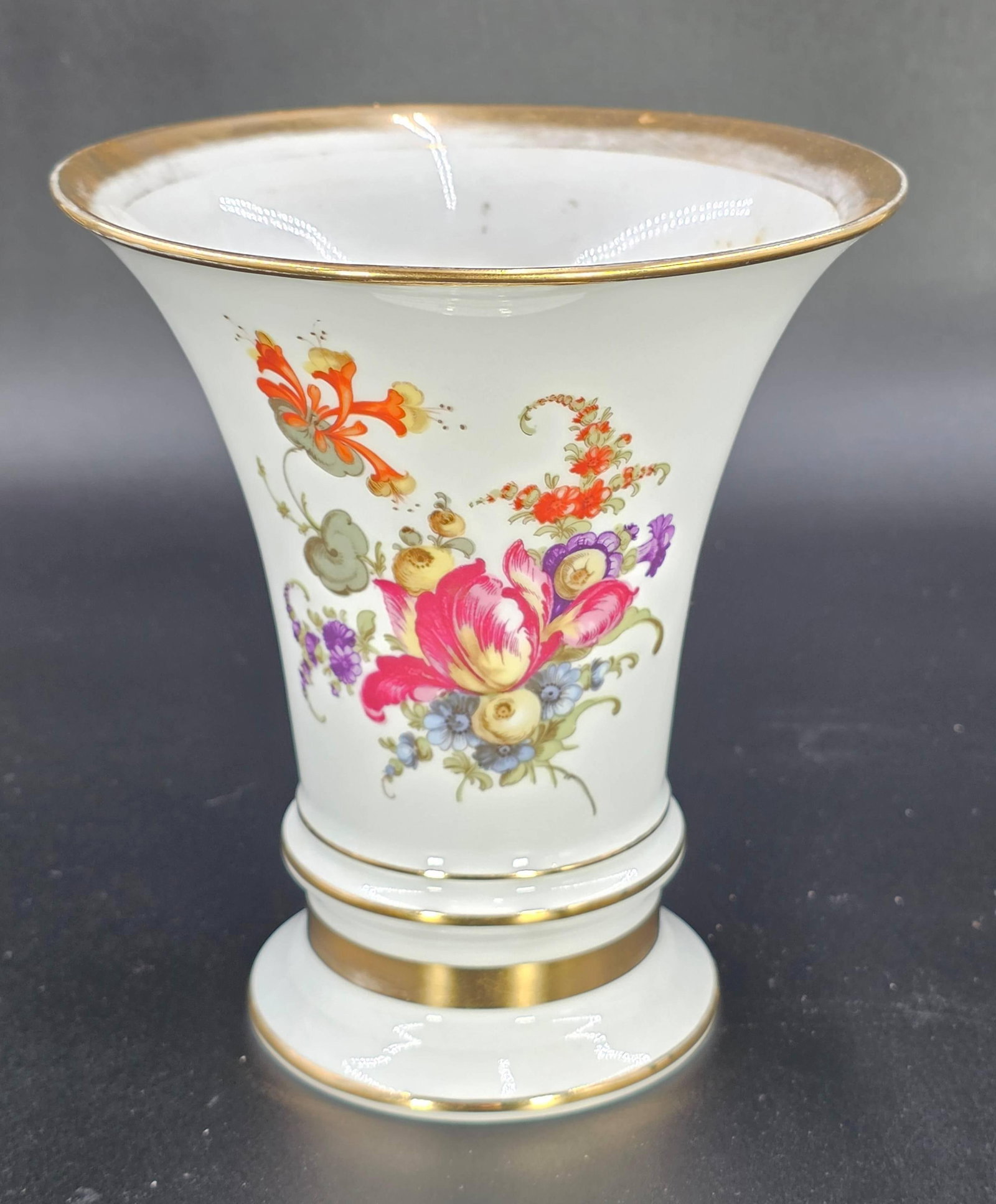 Vintage German Trumpet Style Vase, Floral Design, INV. 91: Floral motif. 6.25 x 5.75 inches