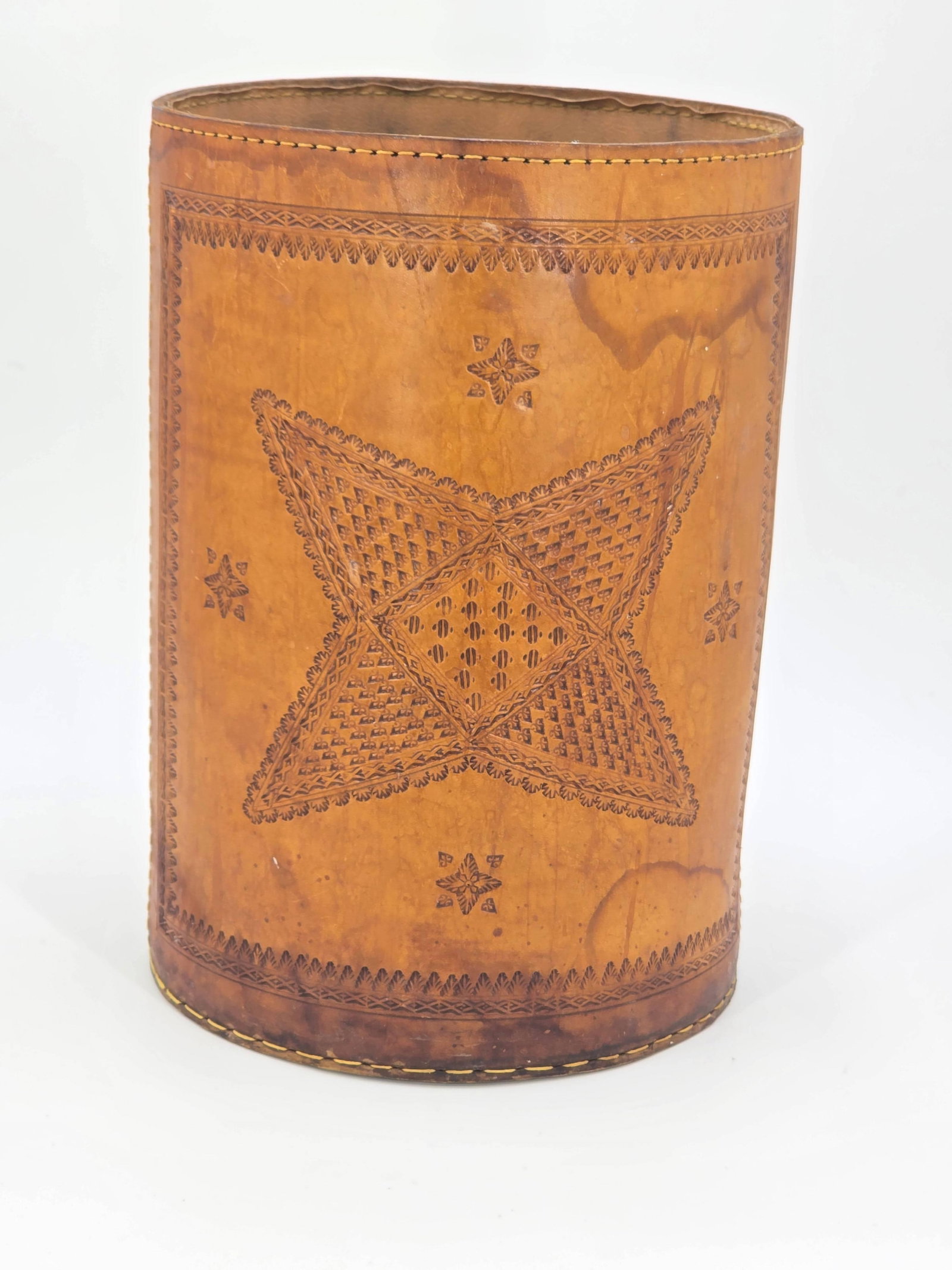 Vintage Leather Bin with Tooled Moroccan Star Design, INV. 429: Approx. 12 x 8.25 x 8.25 inches