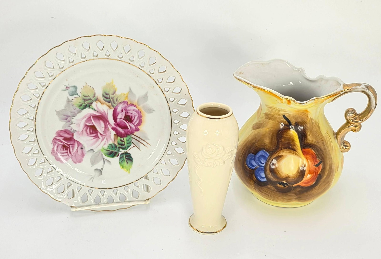 Hand painted pitcher and hand painted Japan plate and Lenox vase. 262, 710, 729: pitcher 6 x 6.25 x 5.25 inches