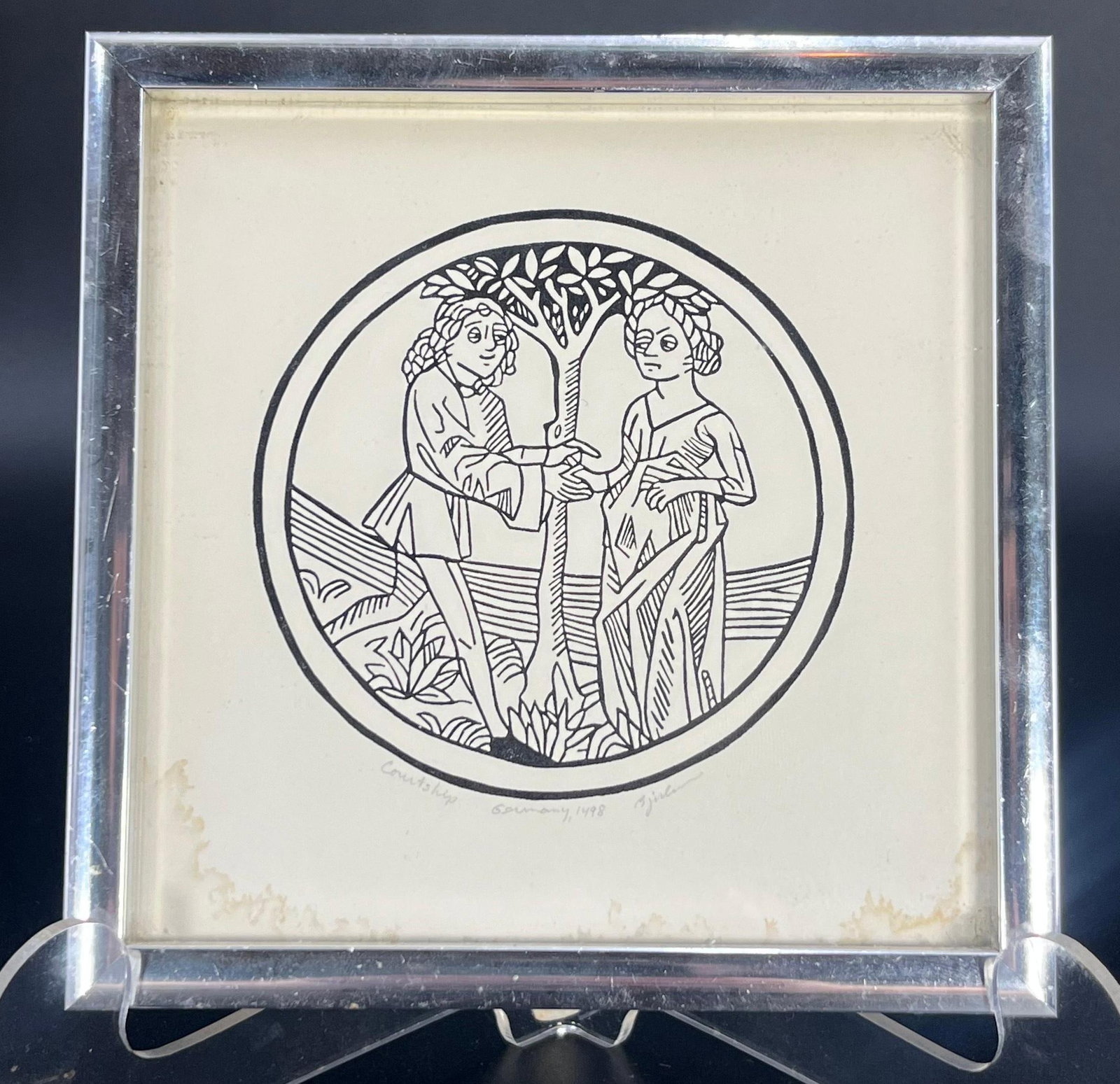 Allen Bjorkman after Courtship Germany 1498 linoleum block. signed: Frame approx. 5.25 x 5.25 x 0.75 inches