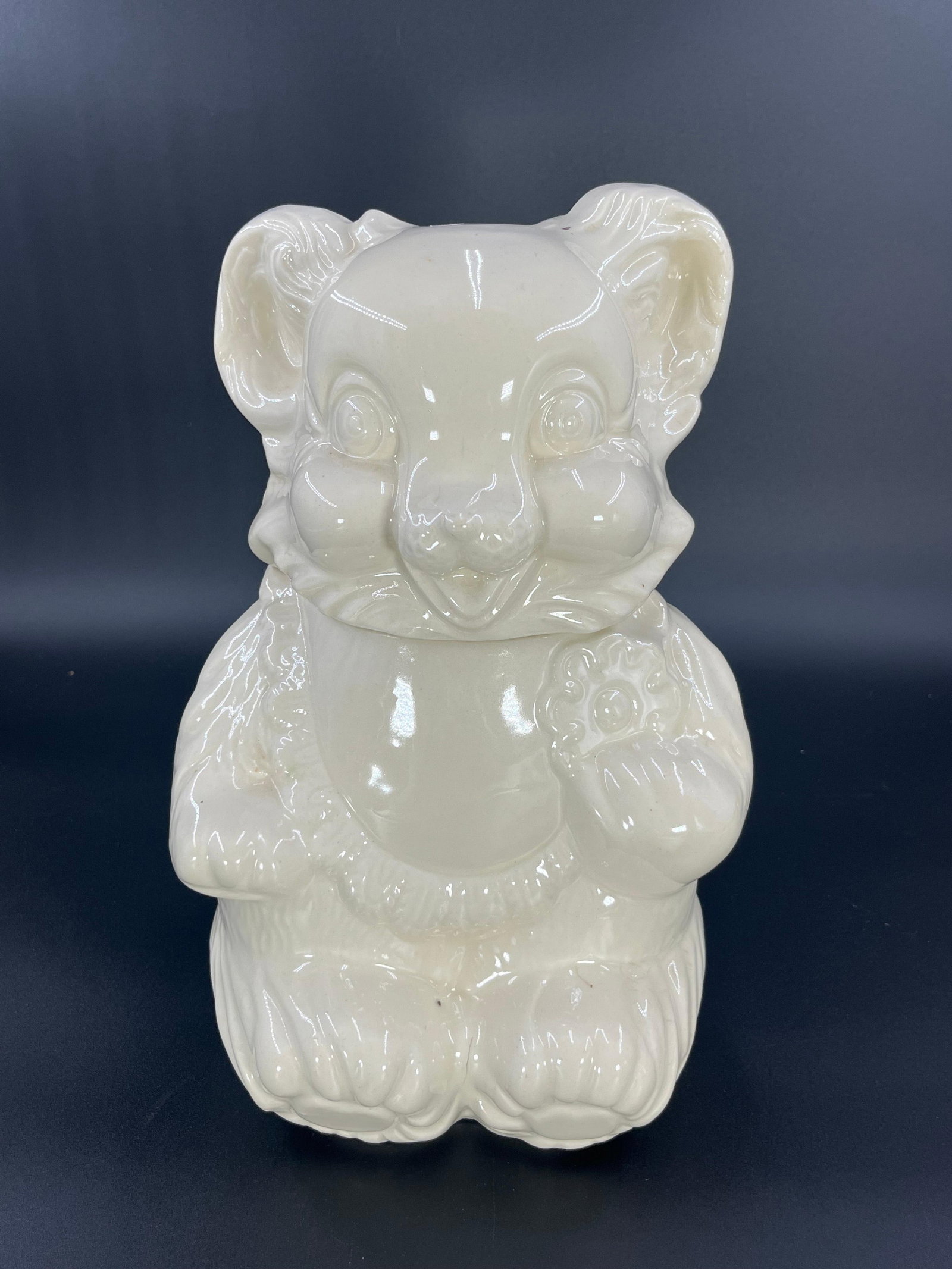1940s Royal Ware Ceramic Teddy Bear Cookie Jar, INV. 764: With marking. Approx. 11.5 x 7.5 x 7.25 inches