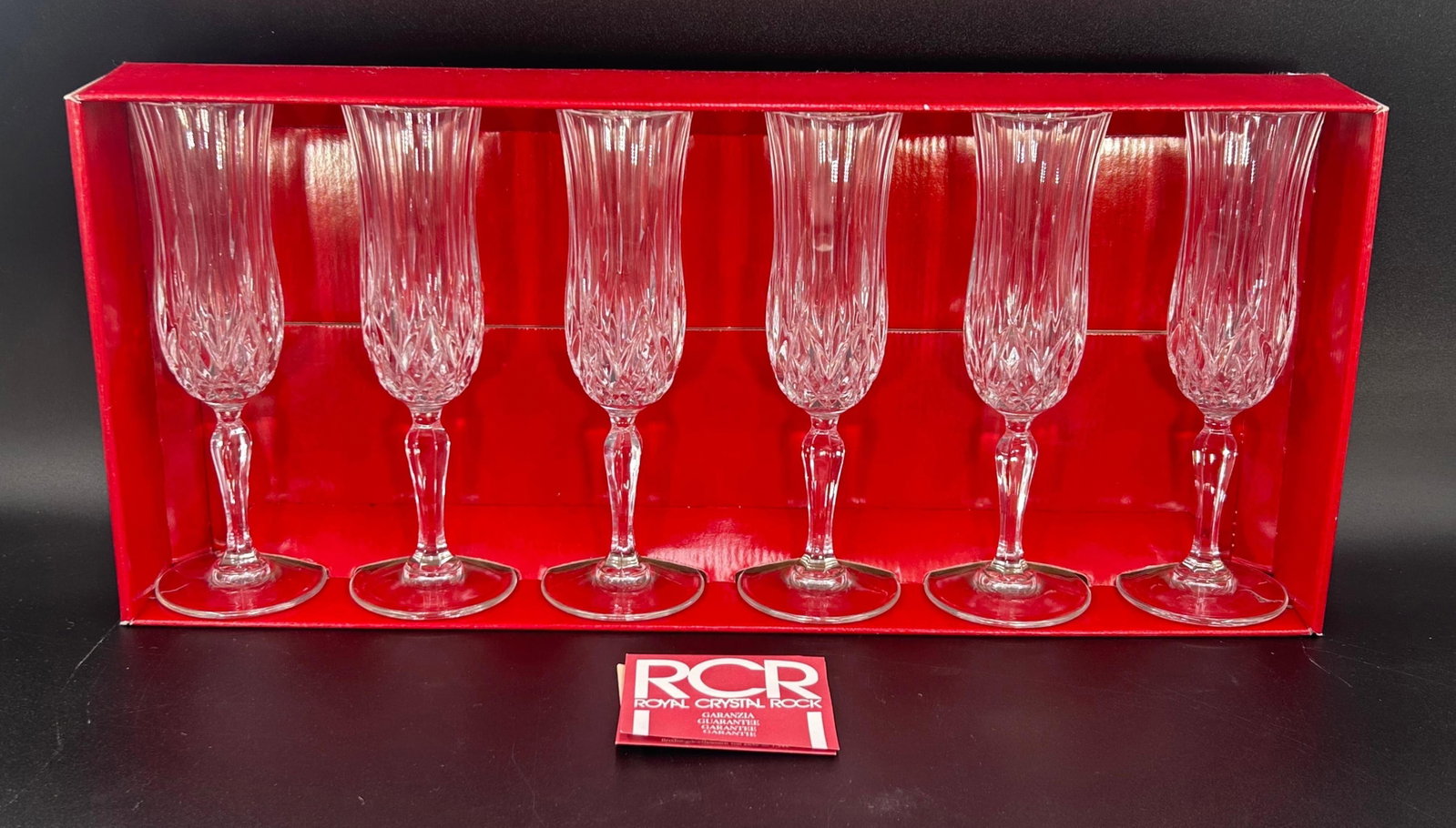 Vintage Royal Crystal Rock (RCR) Opera Champagne Fluted Glasses in Original Box, INV. 450: Each approx. 8.125 x 2.75 x 2.75 inches