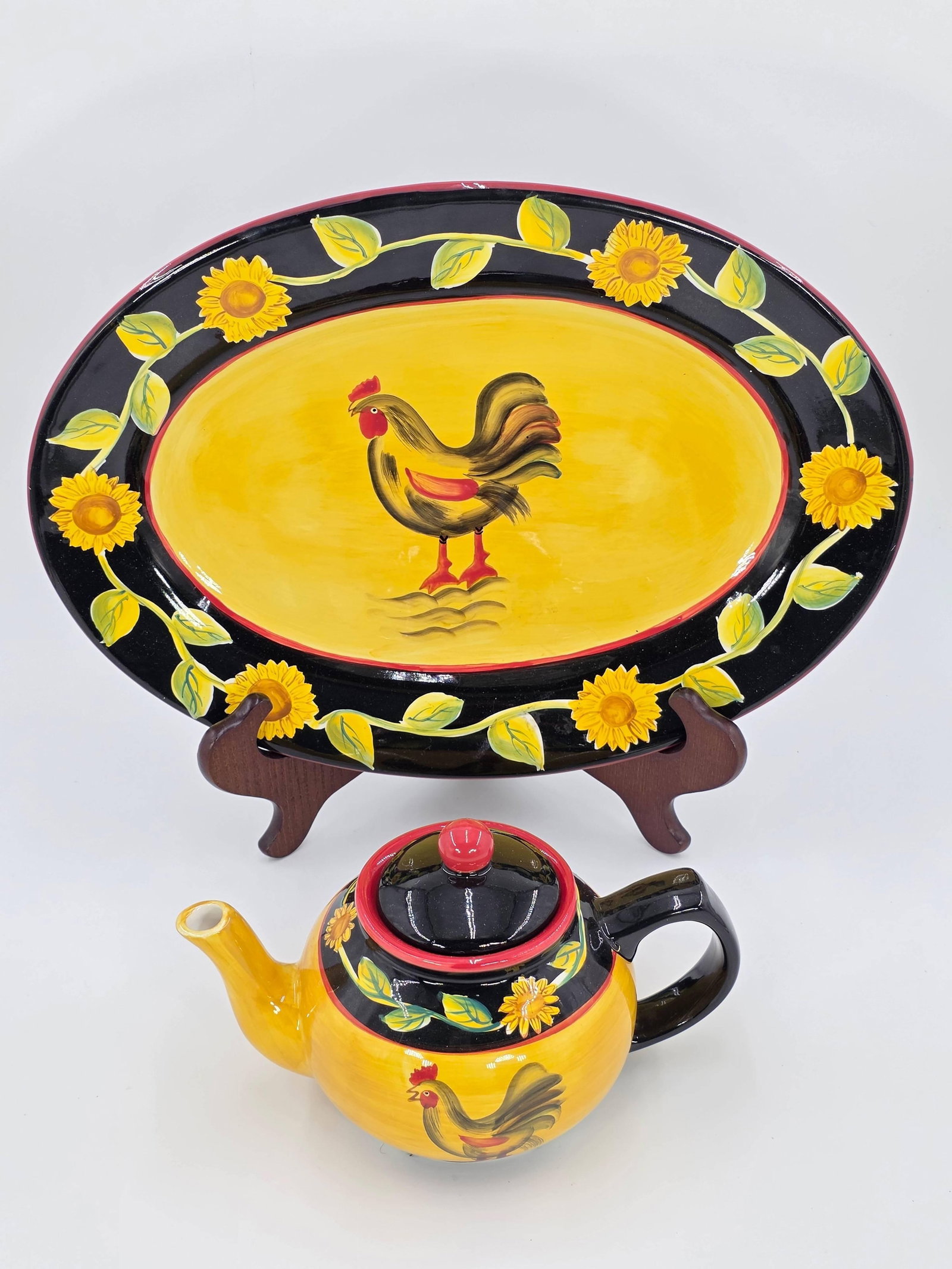 Rooster and Sunflower Serving Set, INV. 292, 753: platter 16.5 x 12 inches
