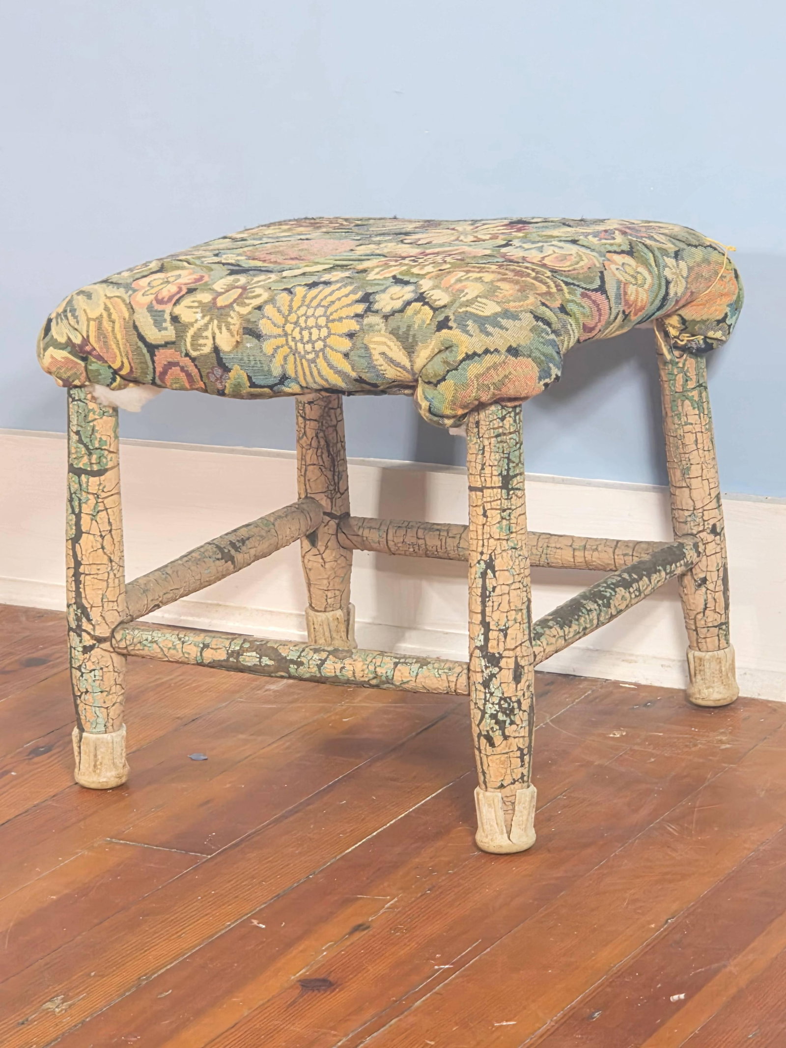 Vintage Painted and Upholstered Footstool, INV. 94: Approx. 14.5 x 16 x 16 inches