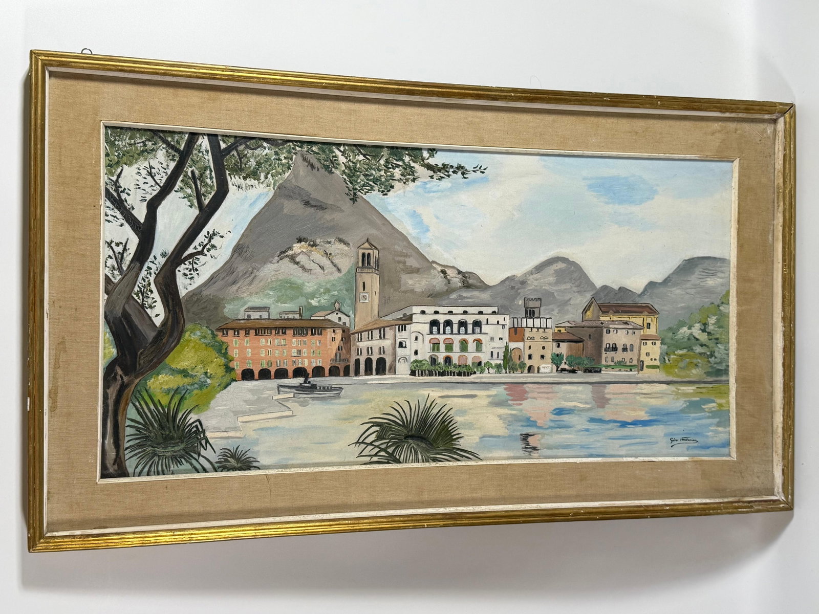 Signed Lake Village Scene Oil on Canvas, INV. 376: Signed to lower right. Frame approx. 26.25 x 46 x 2.25 inches