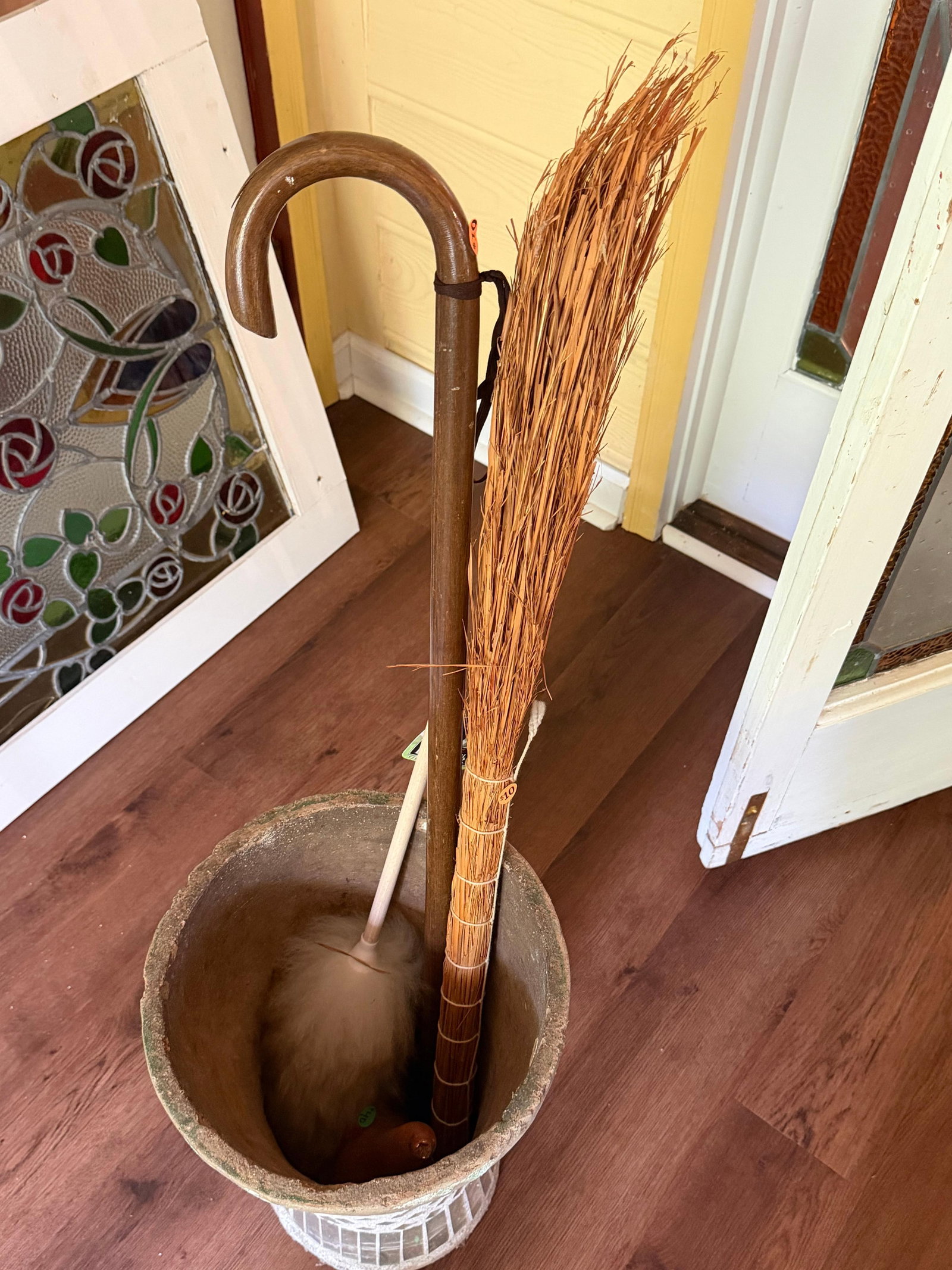 Mosaic Umbrella Stand with Canes and Broom, INV. 2012: Stand approx. 17.5 x 11 x 11 inches