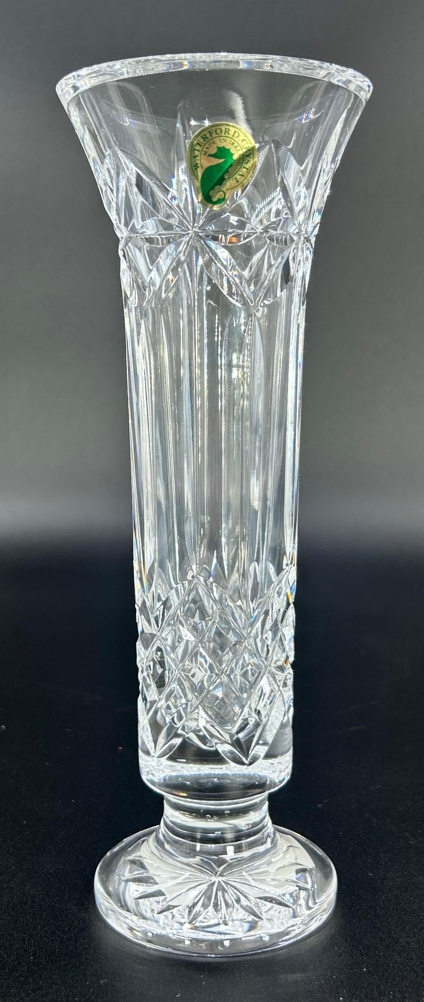 Waterford Crystal Balmoral Bud Vase in Original Box, INV. 340: With marking. Approx. 8.875 x 3.25 x 3.25 inches.