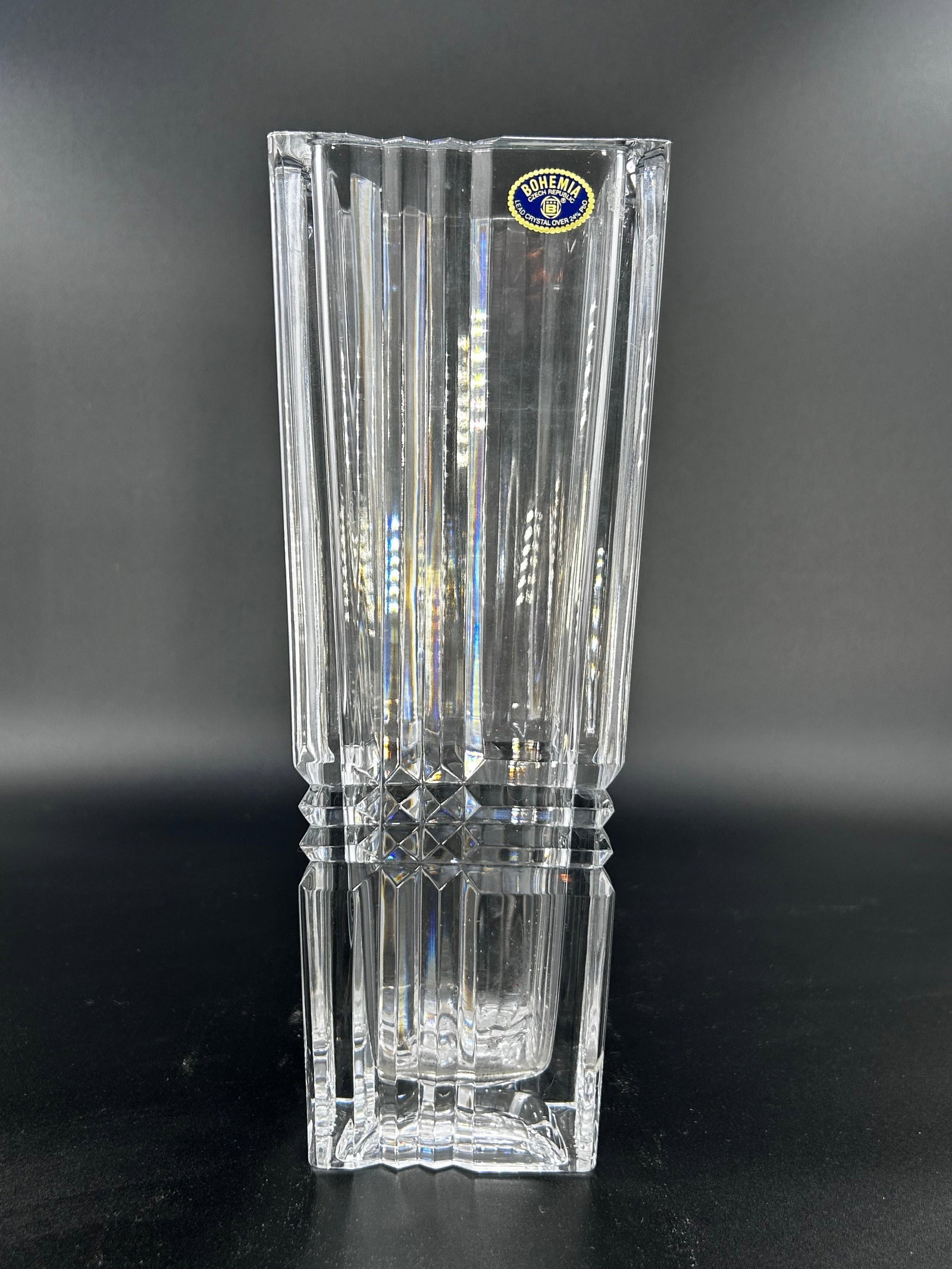 Bohemia Czech Republic Lead Crystal Square Vase, INV. 491: Approx. 10 x 3.625 x 3.625 inches.