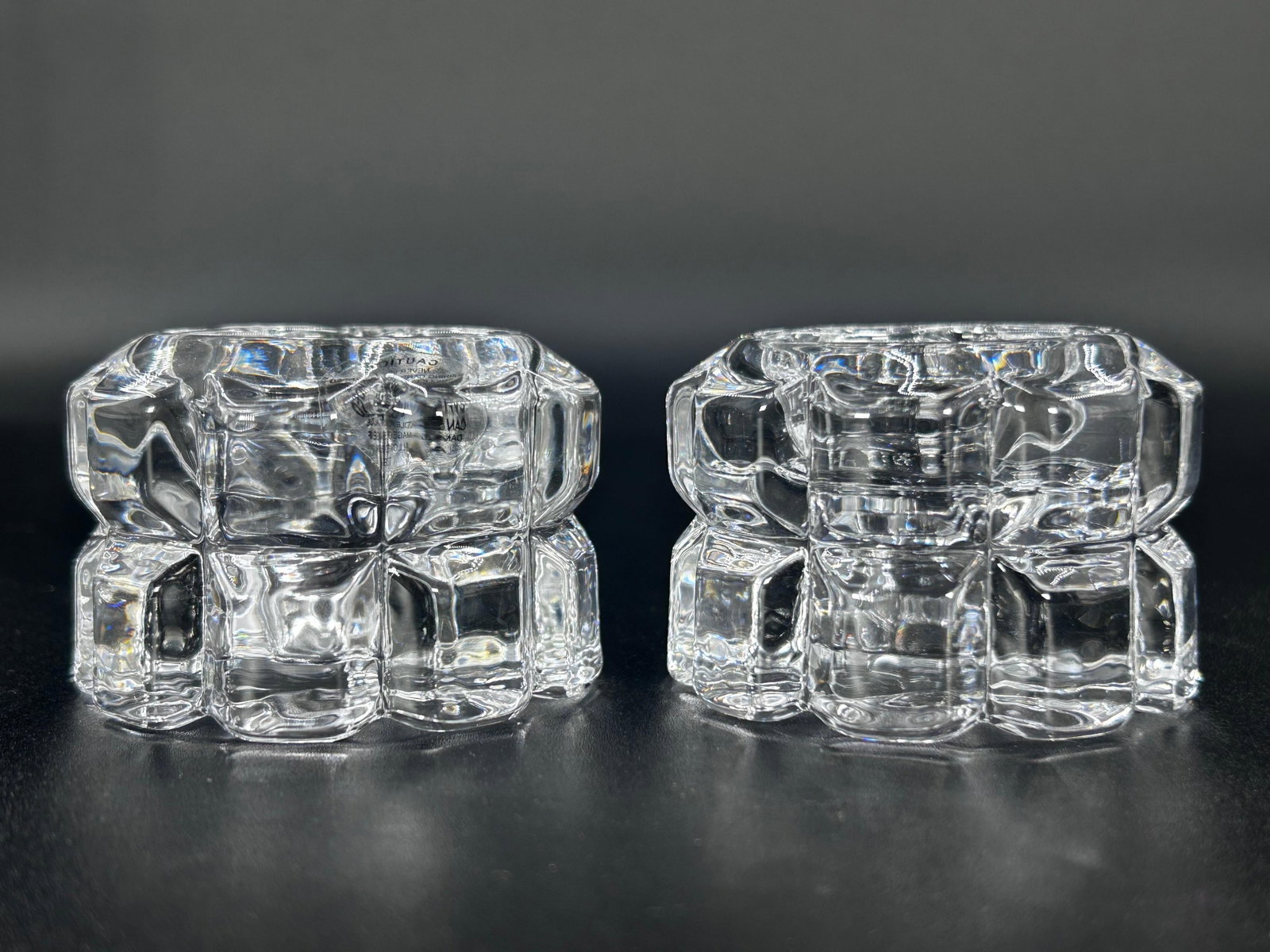 Shannon Crystal Diamonte Crystal Votive Pair in Original Box, INV. 544: Each approx. 1.875 x 2.625 x 2.625 inches.
