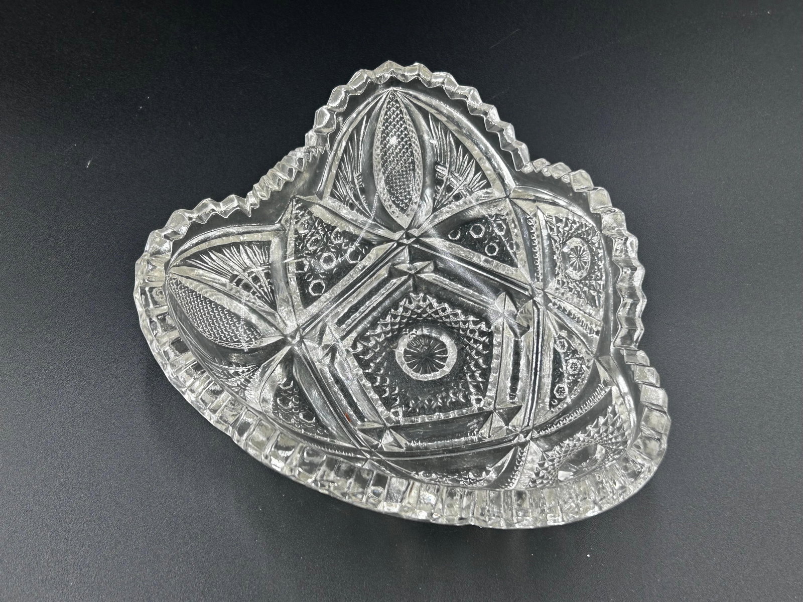 American Brilliant Period Cut Glass. inv 543: Approx. 2 x 6.25 x 5.625 inches.