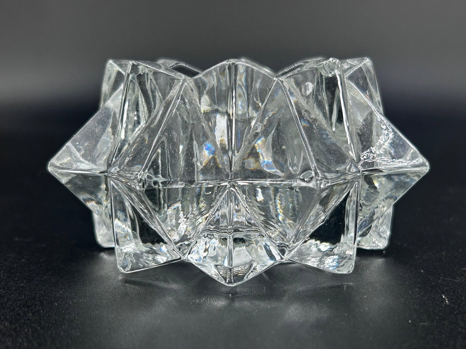 Vintage Crystal diamond star votive holder. inv 601: Approx. 2.125 x 4 x 4 inches.
