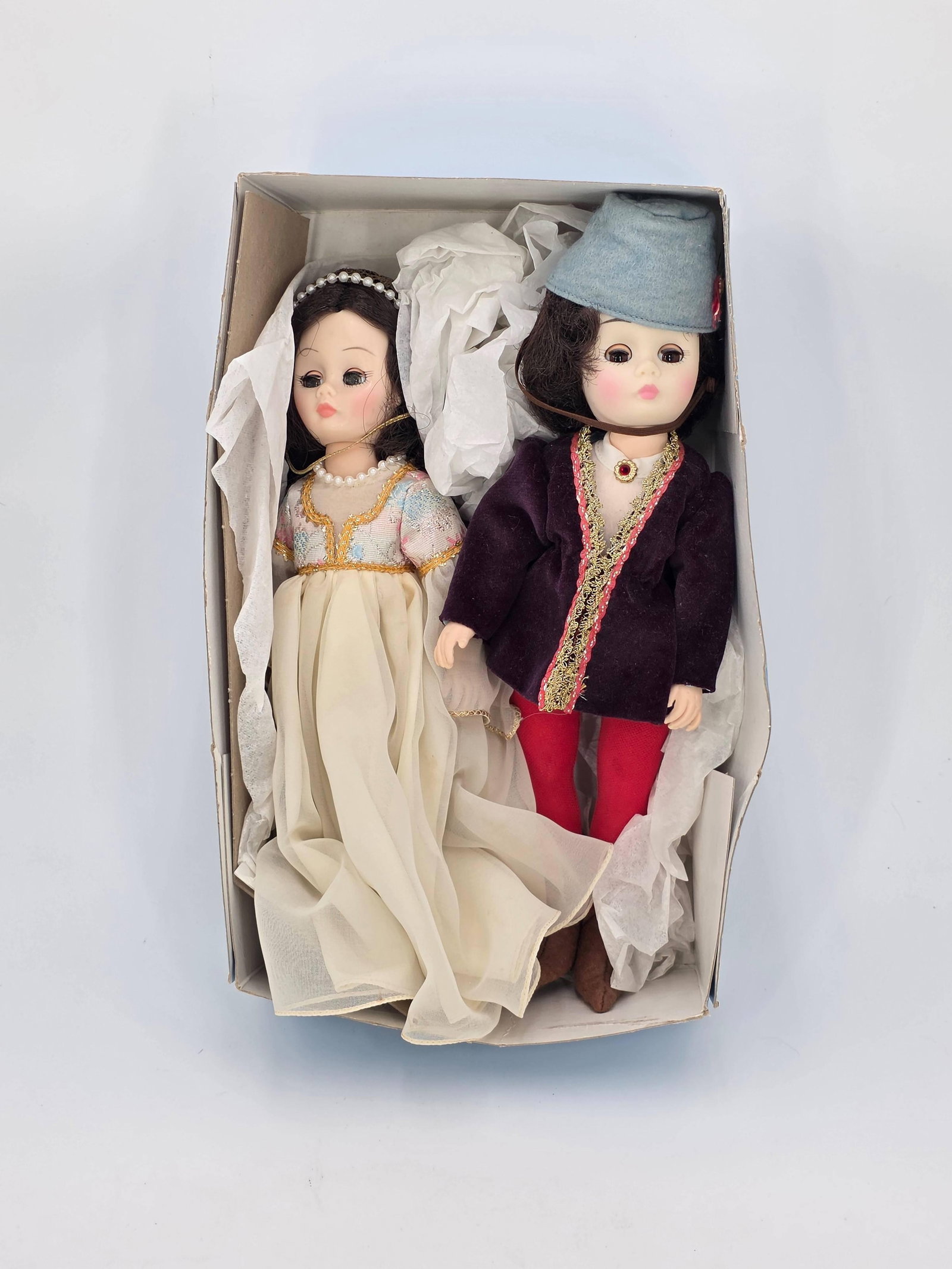 Madam Alexander Dolls, Romeo and Juliet in box, INV. 300: Box 12.25 x 7.25 x 3.75 inches