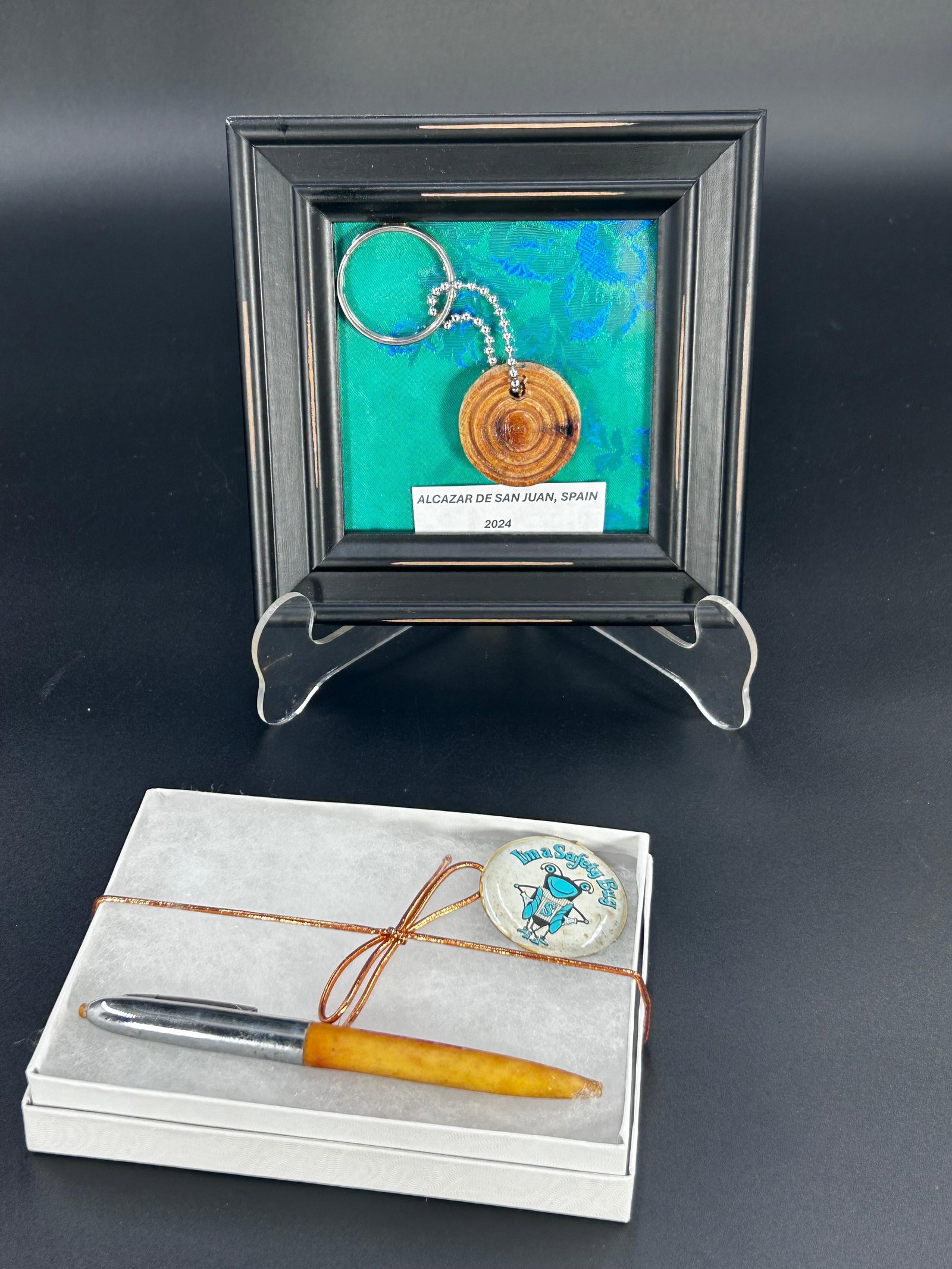 1940s safety patrol pen and badge, Spanish souvenir keychain. inv 816,414: Frame approx. 5.75 x 5.75 x 0.75 inches