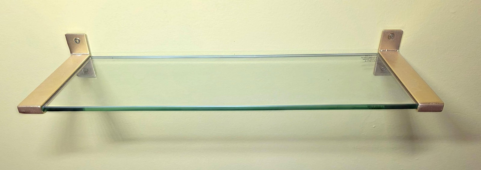 Pair of Floating Glass Wall Shelves, INV. 694: Must be removed from wall. Each approx. 2.5 x 18 x 6 inches