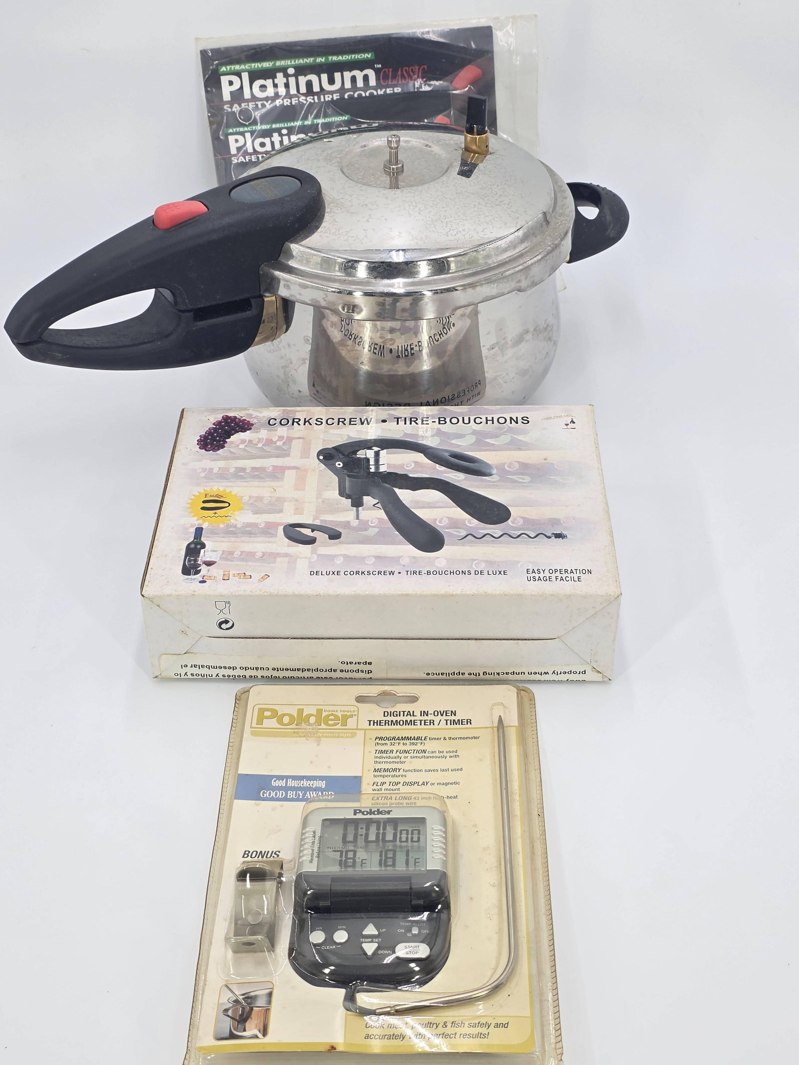 Platinum Classic Pressure Cooker, Rabbit Corkscrew Set, Digital In-Oven Thermometer and Timer, INV.: Pressure Cooker approx. 7.5 x 17.5 x 9 inches