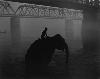 Marilyn Bridges: Mahout Bathing Elephant in Holy River, India, 1993, toned silver print, signed verso, framed, 20"x24".