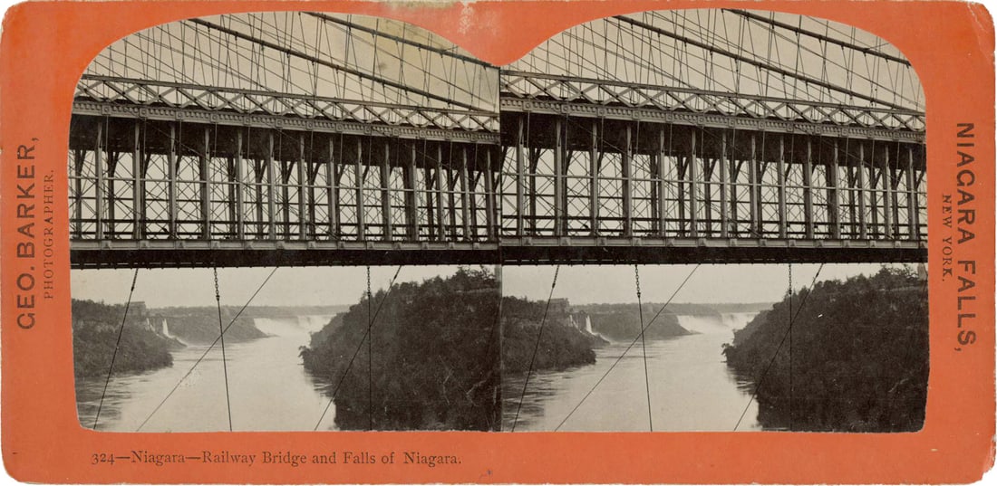 George Barker: 324 Ñ Niagara Ñ Railway Bridge and Falls of Niagara: George Barker: 324 Ñ Niagara Ñ Railway Bridge and Falls of Niagara, 1880-90s, gelatin silver stereograph, photographer's name and title on recto, Image size: 3" x 2.875" each; Sheet Size: 3.