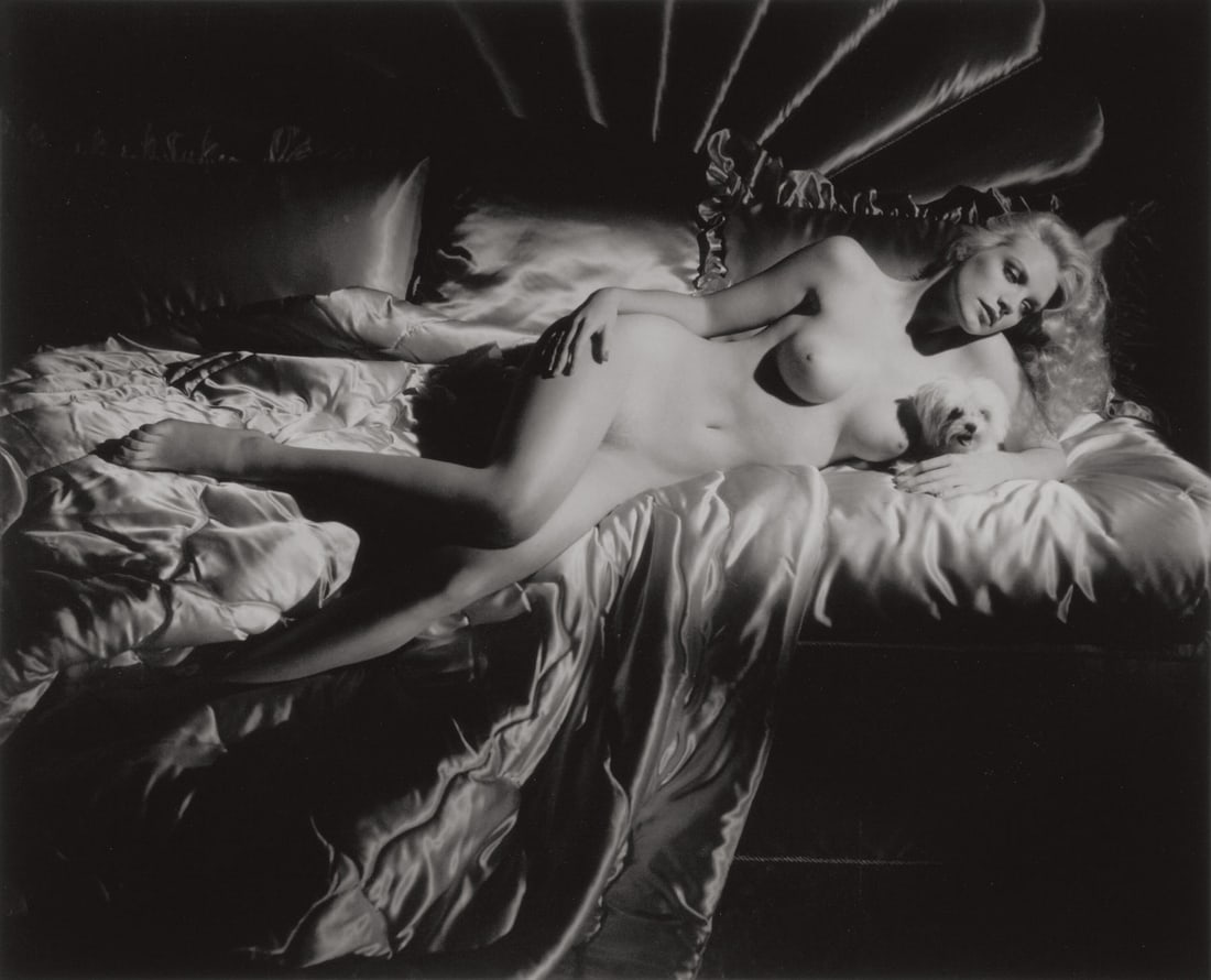 George Hurrell: Shannon Tweed, Reclining Nude with Dog: George Hurrell: Shannon Tweed, Reclining Nude with Dog, 1982 / 1995, silver print, ed. 9/250, with embossed blindstamp and ink initials on recto in the bottom margin, and with Playboy Special Editions