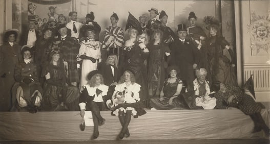 Unknown: Group portrait of theater troupe (25 male subjects many in female costumes)
