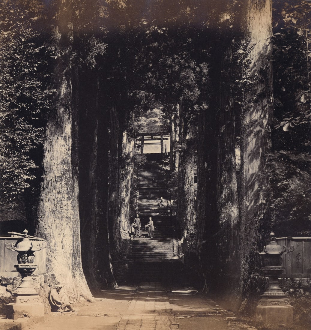 Felice Beato: Toshogu Shrine, Nikko: Staircase of the Thousand: Felice Beato: Toshogu Shrine, Nikko: Staircase of the Thousand, 1860s, albumen print, stamped verso: Estate of Peter C. Bunnell, Image size: 10" x 9.5"; Sheet Size: 10.5" x 14.5". Courtesy of the Esta