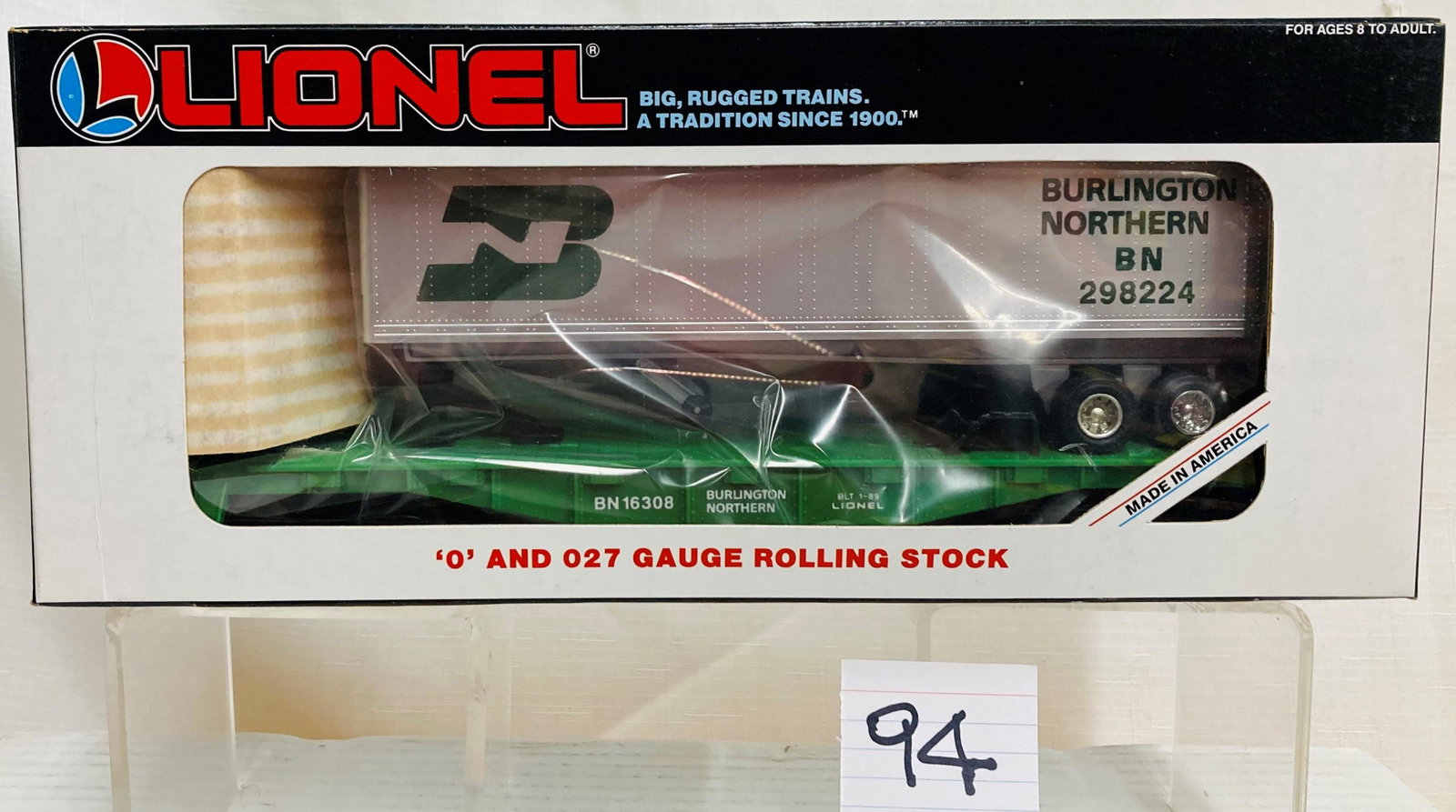 Lionel 16308 Burlington Northern Flat Car w/ Trailer and Original Box: Lionel 16308 Burlington Northern Flat Car w/ Trailer and Original Box, C9