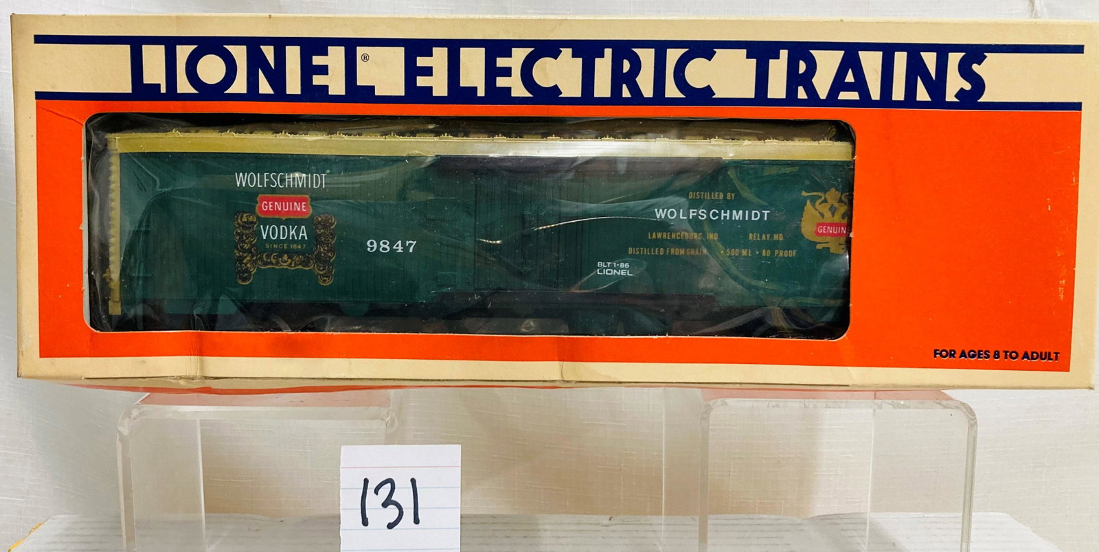 Lionel 9847 Wolfschmidt Vodka Billboard Reefer with Original Box: Lionel 9847 Wolfschmidt Vodka Billboard Reefer with Original Box, C9. Box is wavy.