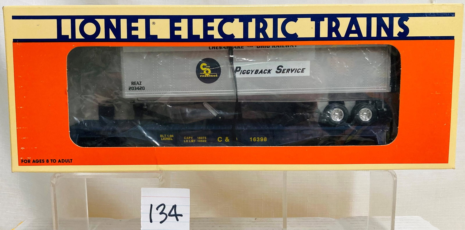 Lionel 16398 C&O Flatcar with Trailer and Original Box: Lionel 16398 C&O Flatcar with Trailer and Original Box, C10