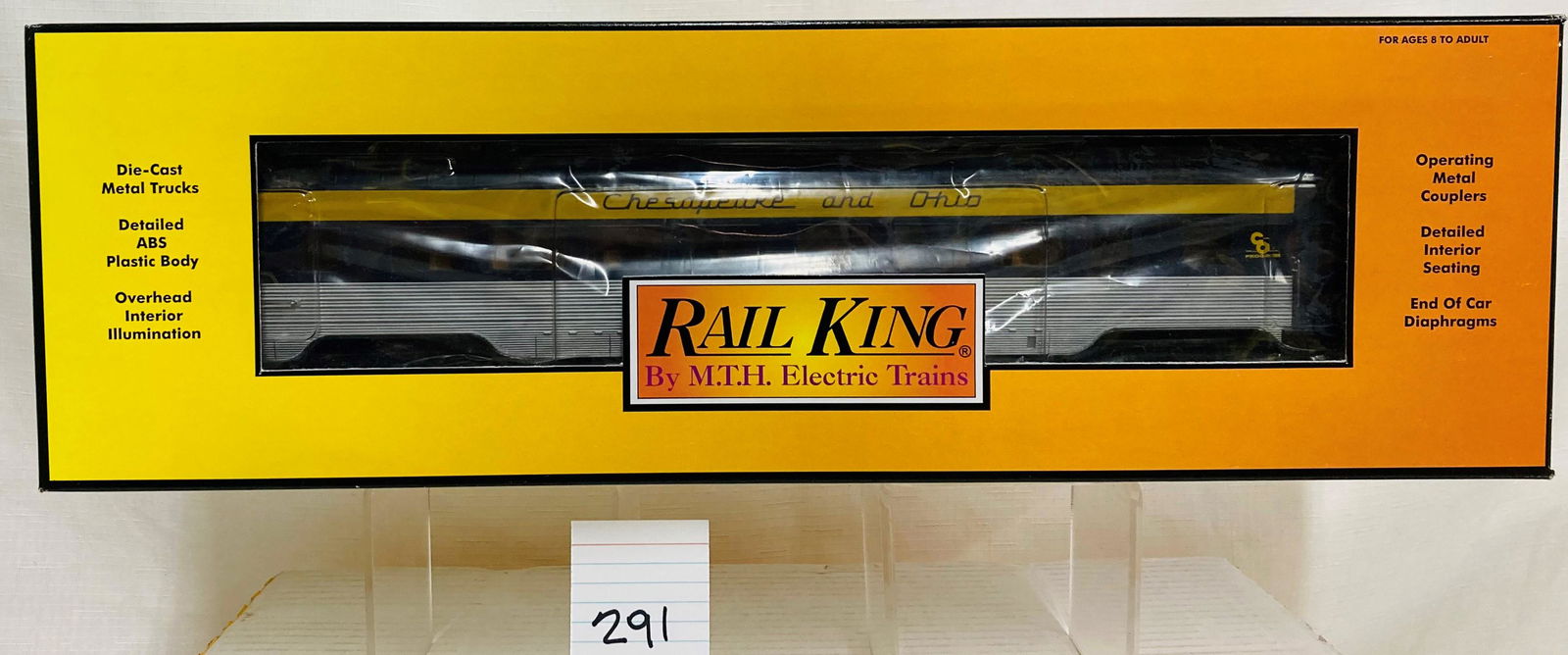 MTH 30-6764 C&O 60' Streamlined Coach Passenger Car w/ OB: MTH 30-6764 C&O 60' Streamlined Coach Passenger Car w/ OB, C10