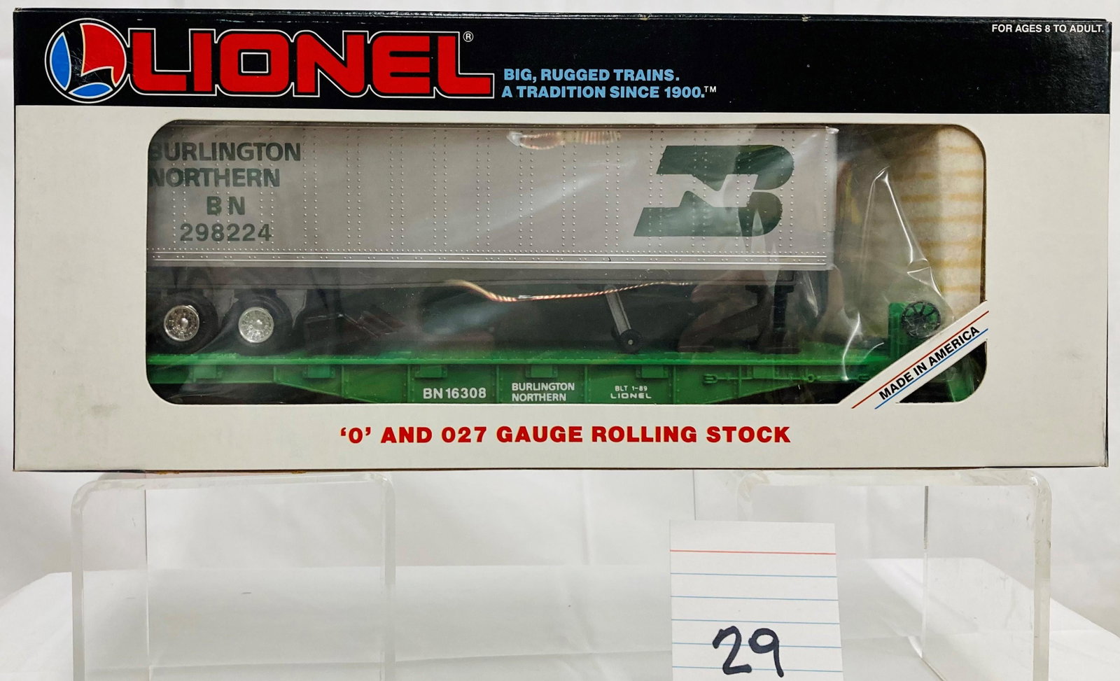 Lionel 16308 Burlington Northern Flatcar w/ Trailer & OB: Lionel 16308 Burlington Northern Flatcar w/ Trailer & OB, C10