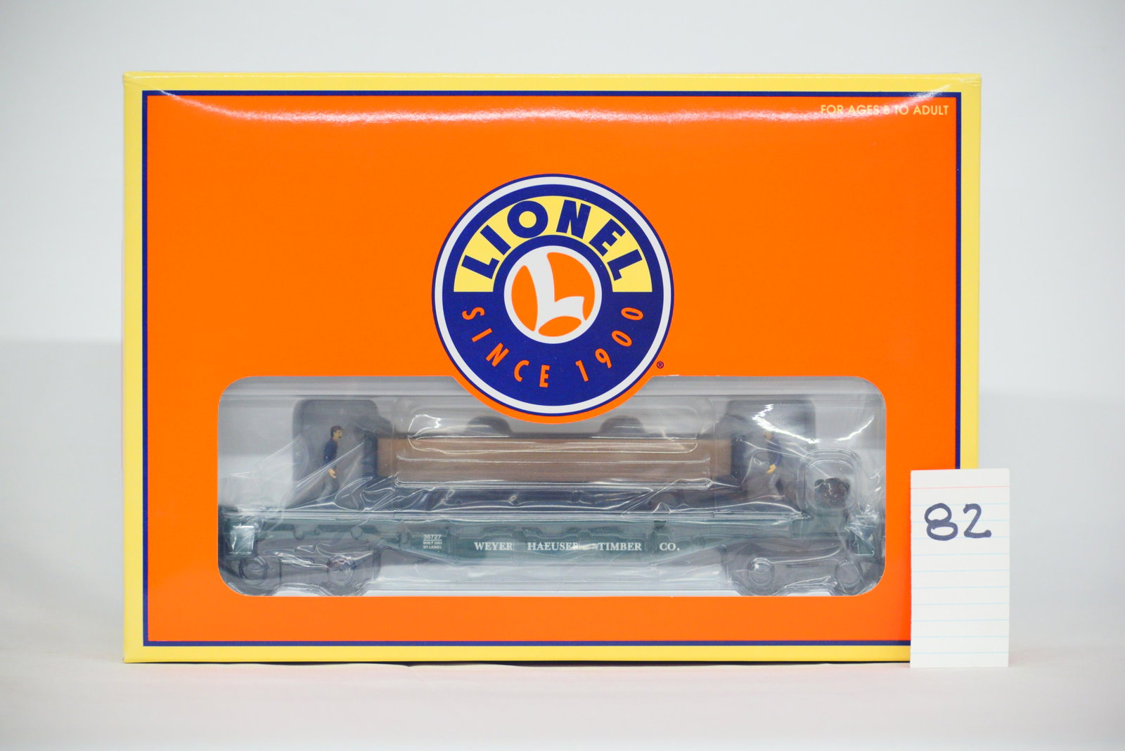 Lionel - No. 6-36727 - Weyerhaeuser "Moe and Joe" Operating Lumber Car (w/ OB): Lionel - No. 6-36727 - Weyerhaeuser "Moe and Joe" Operating Lumber Car (w/ OB) C10