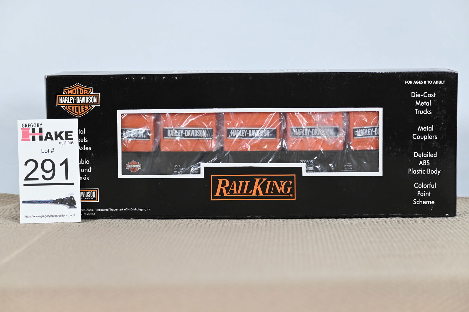 MTH (RailKing) - 30-7275: (O Gauge) Harley-Davidson - Gondola Car w/LCL Containers (5)  w/OB (1 of 2)