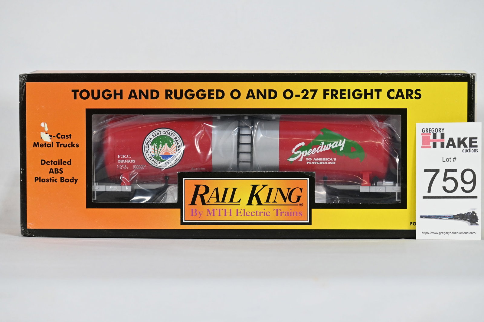 MTH (RailKing) - 30-73168: Florida East Coast - Modern Tank Car - w/OB: MTH (RailKing) - 30-73168: Florida East Coast - Modern Tank Car, w/OB / Condition: C10
