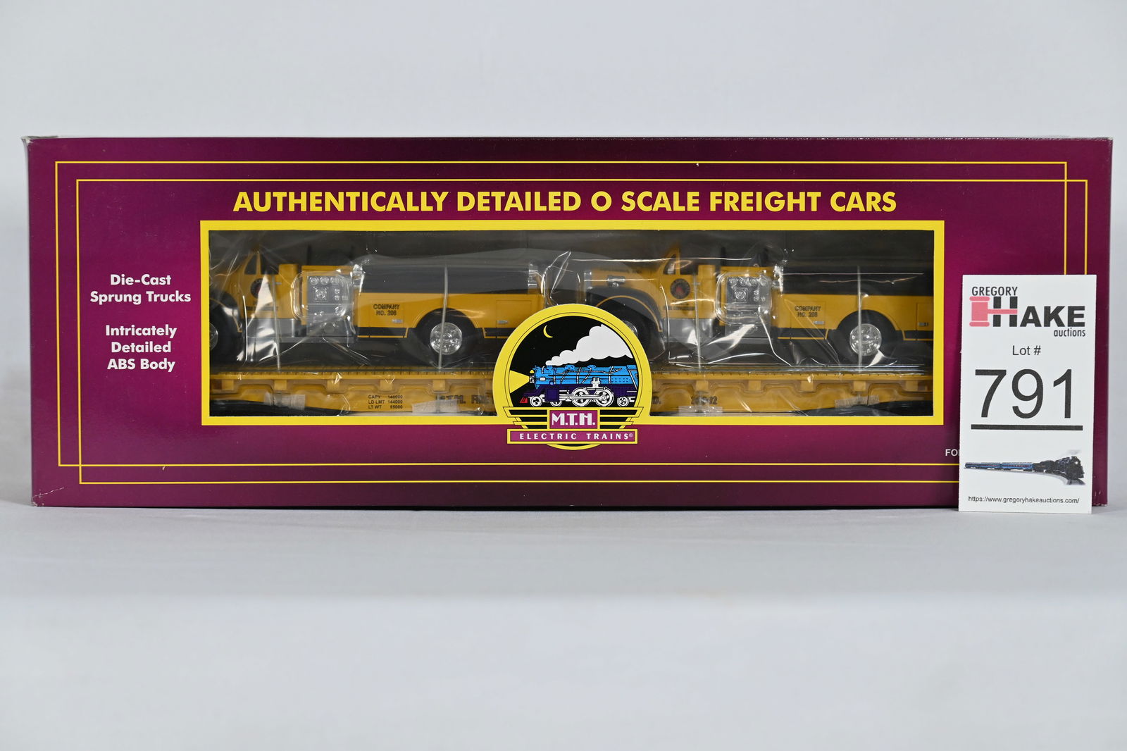 MTH (Premier) - 20-98159: MTH Transportation Co. - Flat Car w/Die-Cast Fire Trucks (2) - w/OB (1 of 2)