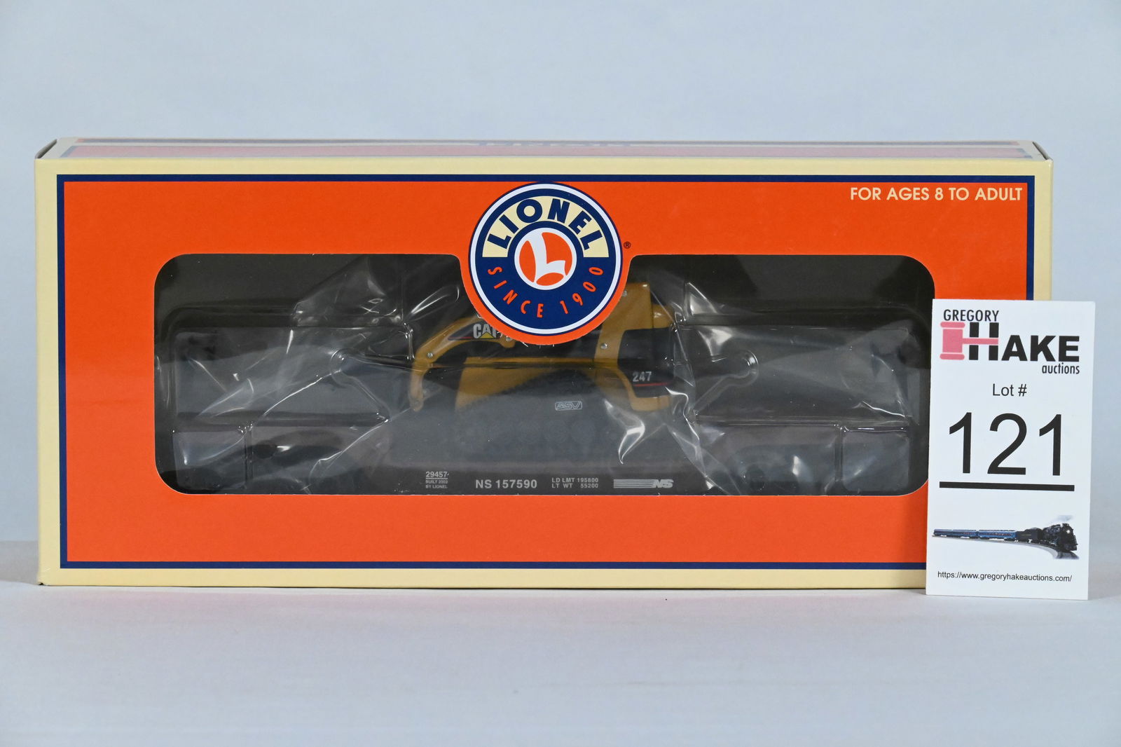 Lionel (LTI) - 6-29457: NS - Flatcar with Caterpillar Loader, Car No. 157590, w/OB: Lionel (LTI) - 6-29457: NS - Flatcar with Caterpillar Loader, Car No. 157590, w/OB / Condition: C10