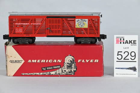 American Flyer S Gauge 24077 NP Pig Palace Stock Car w/ OB: American Flyer S Gauge 24077 NP Pig Palace Stock Car w/ OB, C7. Box has some tears on the tuck flap.