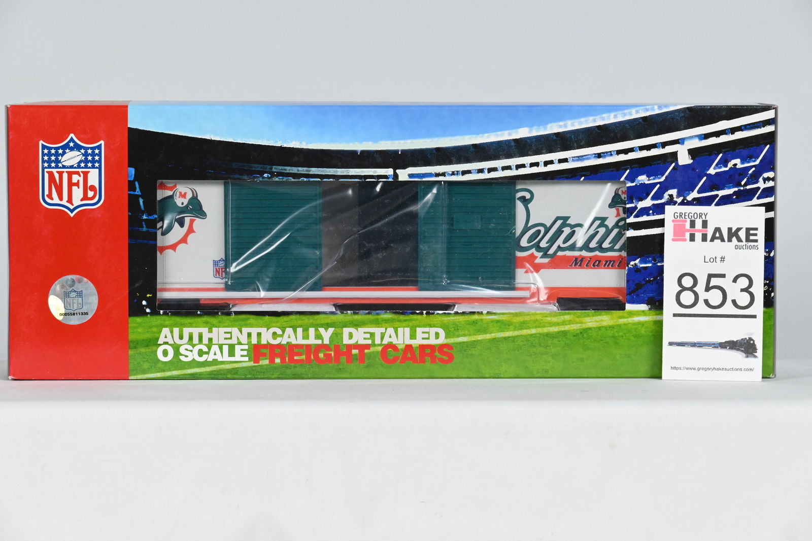 MTH (Premier) - 20-93265: NFL - Miami Dolphins - Double Door 50' Box Car, w/OB: MTH (Premier) - 20-93265: NFL - Miami Dolphins - Double Door 50' Box Car, w/OB - C10