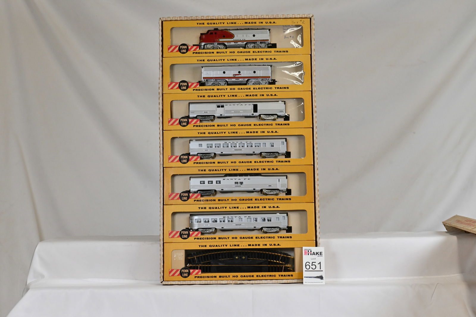 Penn Line MFG HO Santa Fe Passenger in Oriignal Set Box: Penn Line MFG HO Electric Train set in original box with Santa Fe F7 Powered "A" diesel, Dummy "B" Unit, Four Passenger cars - baggage car, Tohatchi, Canada, and Navajo cars with track, C8