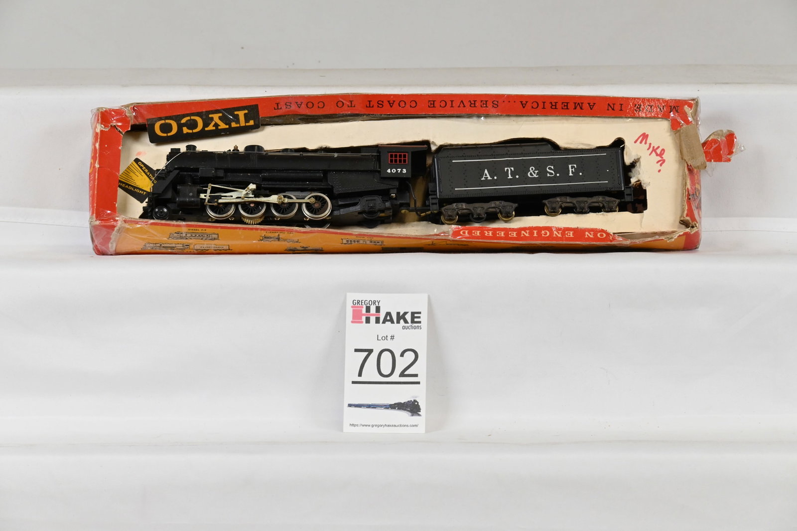 Tyco HO A.T. & S.F. Mikado Santa Fe Lighted Steam Locomotive and Tender T208C:2998, w/OB: Tyco HO A.T. & S.F. Mikado Santa Fe Lighted Steam Locomotive and Tender T208C:2998, w/OB The box is missing cellophane window and has tape around the sides., C7