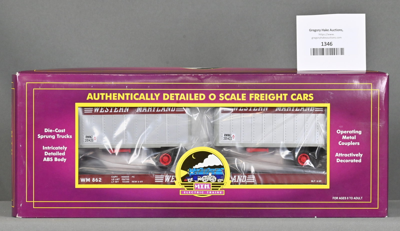 MTH 20-98414 Western Maryland (#862) Flat Car w/ (2) 20' Trailers, w/ OB: MTH 20-98414 Western Maryland (#862) Flat Car w/ (2) 20' Trailers, w/ OB - C10