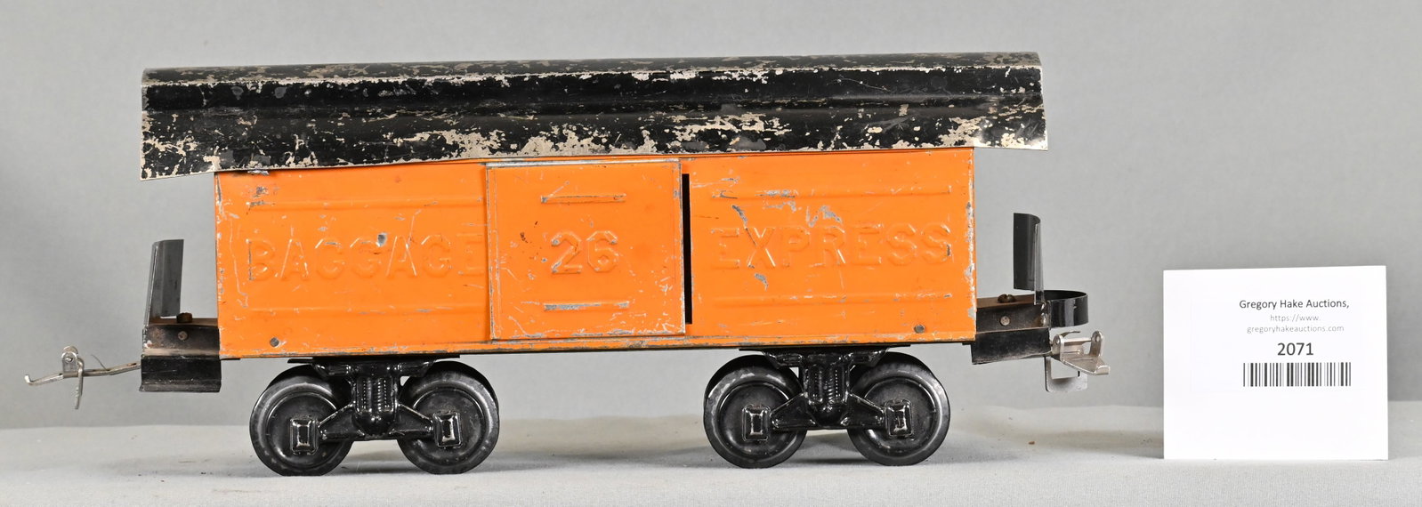 Carlisle & Finch Prewar Orange/Black #26 Baggage Express: Carlisle & Finch Prewar Orange/Black #26 Baggage Express. Has wrong trucks and has added couplers. One end "bumper" is missing, C6