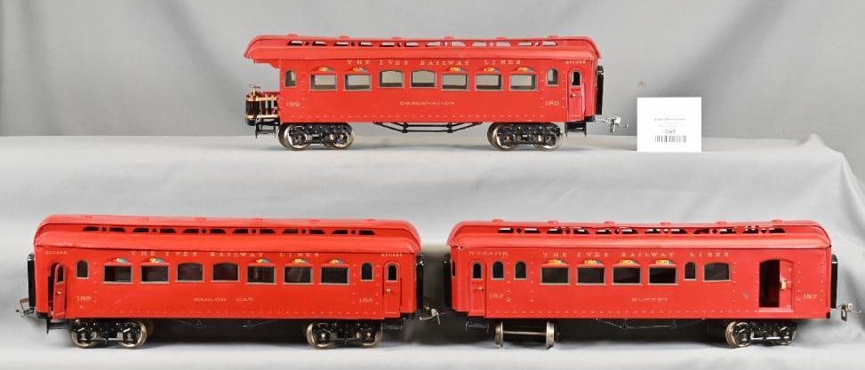 Ives Prewar Wide Gauge 187, 188, 189 Red/ Maroon Passenger Cars (1 of 6)