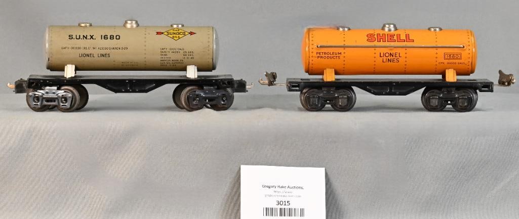 Two Different Lionel Prewar O Gauge 1680 Tank Cars: Two Different Lionel Prewar O Gauge 1680 Tank Cars. One Shell and the other Sunoco, C7/8.
