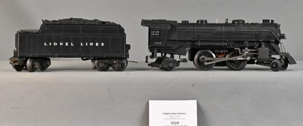 Tough to Find Lionel Prewar O Gauge1664 Steam Loco Variation w/ Tender: Tough to Find Lionel Prewar O Gauge1664 Steam Loco Variation w/ Tender. Loco has a rubber stamped "1664" directly onto the cab of the loco where the nameplate would normally be affixed. Also the slots