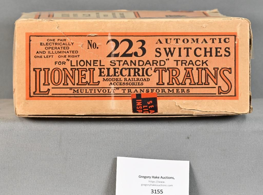 Lionel Prewar Standard Gauge Set of 223 Non-Derailing Distant Control Switches w/ Original Box: Lionel Prewar Standard Gauge Set of 223 Non-Derailing Distant Control Switches w/ Original Box and Insert, C7. Box has Wear.