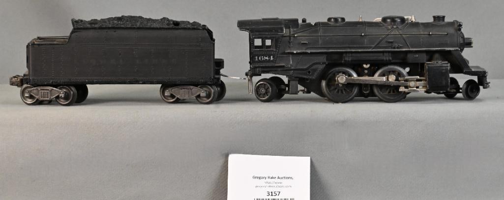 Lionel Prewar 027 Gauge 1684 Steam Locomotive and 2666T Tender: Lionel Prewar 027 Gauge 1684 Steam Locomotive and 2666T Tender. Loco is C6/7 and tender has been repainted.