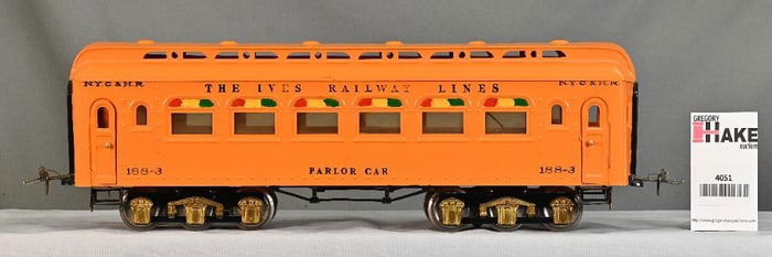 Ives Prewar Wide Gauge 188-3 Orange Parlor Car - Six Wheel Trucks