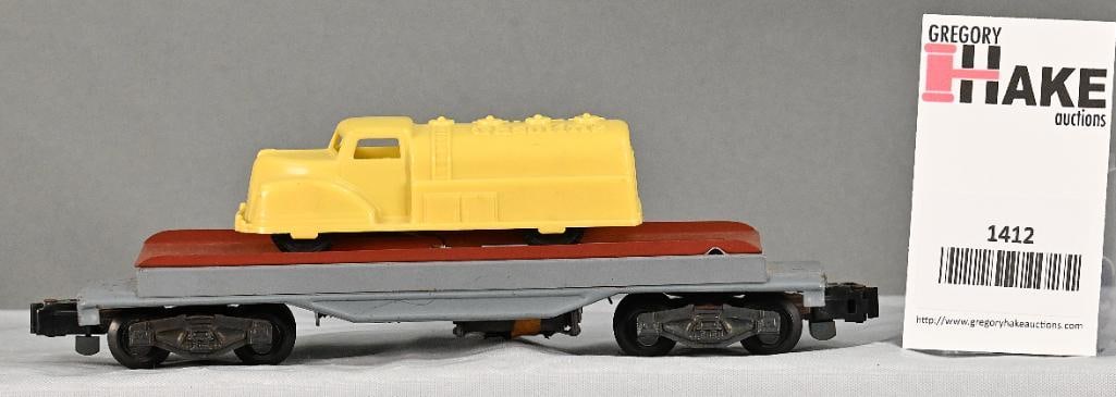 American Flyer 915 Unloading Ramp Car w/ Yellow Renwal Tanker Truck: American Flyer 915 Unloading Ramp Car w/ Yellow Renwal Tanker Truck, C7.