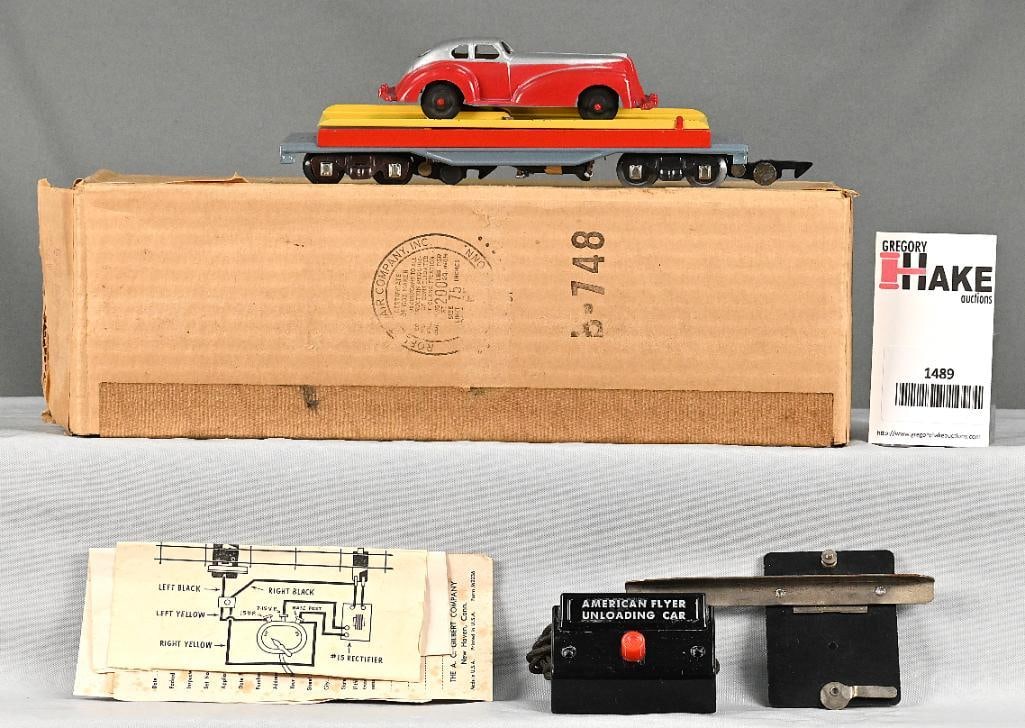 American Flyer 715 Gray Base Unloading Ramp Car w/ Red/Silver Coupe & OB: American Flyer 715 Gray Base Unloading Ramp Car w/ Red/Silver Coupe & OB, C8. Includes I.S., Controller and Track Mechanisim.