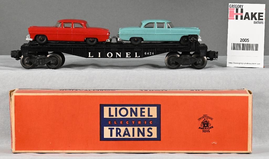 Lionel Postwar 6424-60 Flat w/ Two Automobiles & OB: Lionel Postwar 6424-60 Flat w/ Two Automobiles & OB, C7. Tough box to find. Box has some clear tape.