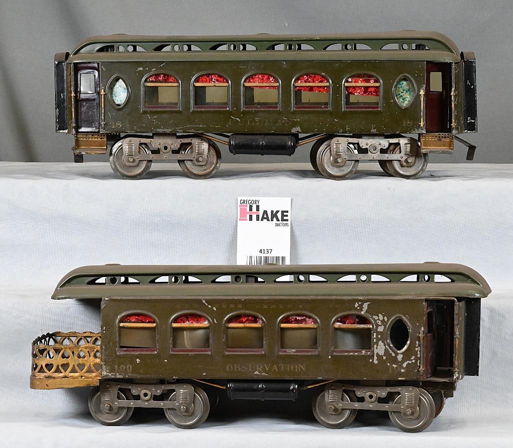Lionel Standard Gauge #18 Coach and #190 Observation. Both are Lionel MFG: Lionel Standard Gauge #18 Coach and #190 Observation. Both are Lionel MFG. and Original Paint Except for top of roofs. #190 has Red Oxide Primer on Bottom of Frame. #18 has one replaced step. Some tri